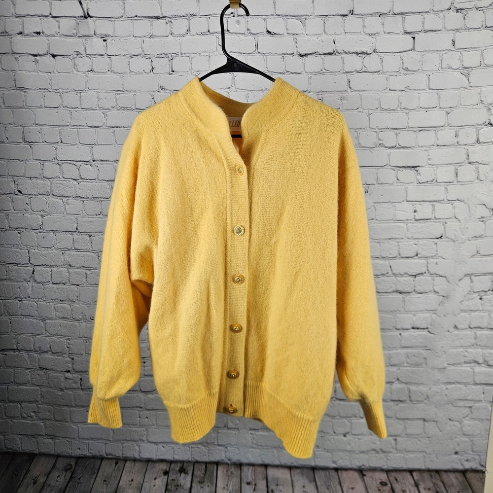 Belldini Vintage Yellow Angora Lambswool Blend Button Front Cardigan Large